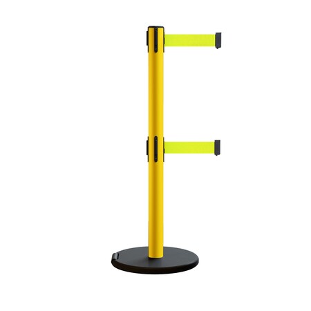 Montour Line Retractable Belt Dbl Rolling Stanchion 2.5ft Yellow Post  11ft. Fl.Yel P400DRL-YW-FYW-110